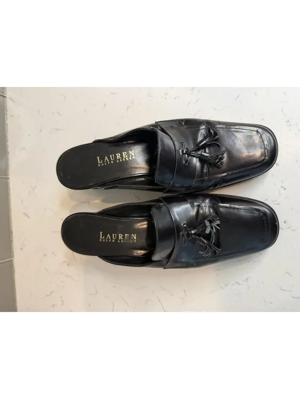 Lauren Ralph Lauren Black Leather Tassel Mule Heels Size 7B - Picture 1 of 6